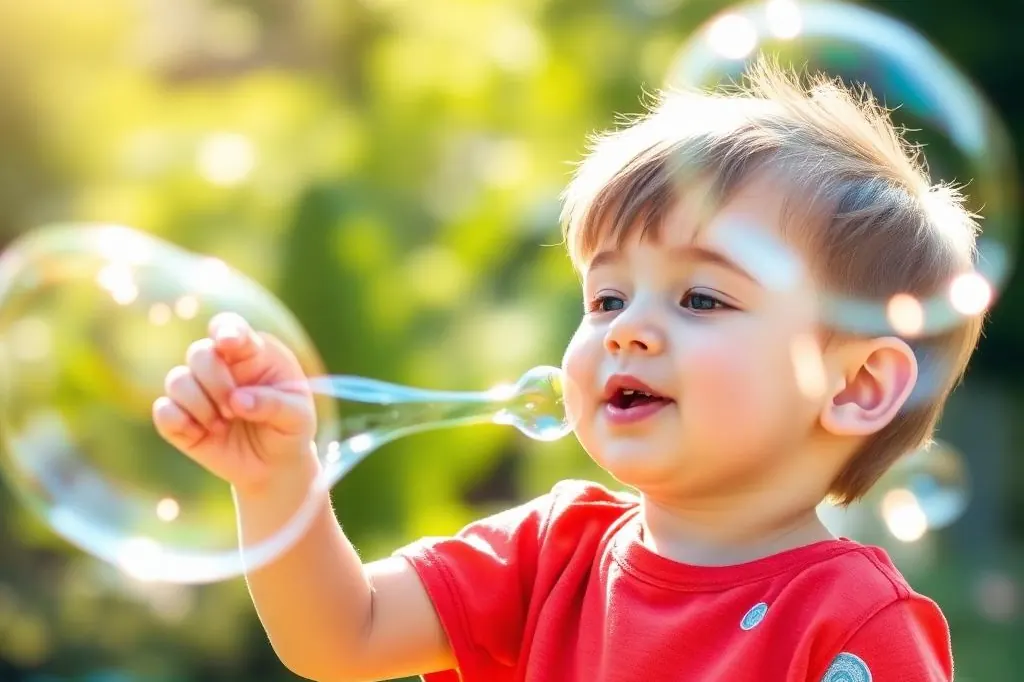 Toddler in a red shirt blowing soap bubbles outdoors on a sunny day