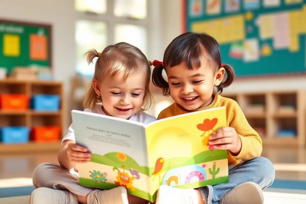 Two young girls sitting on a classroom floor reading a colorful picture book together